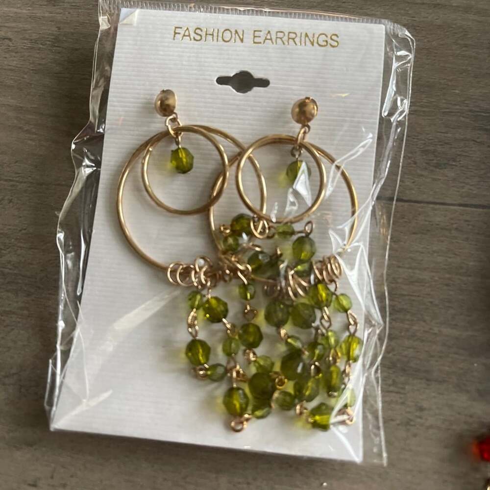 Fashion Earrings Gold-Tone Hoop with Green Beaded Drop Clusters